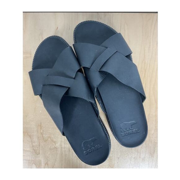 Sorel Women's Cameron Platform Slide Sandals Slip On 100% Black Leather Size 9 - Picture 1 of 6